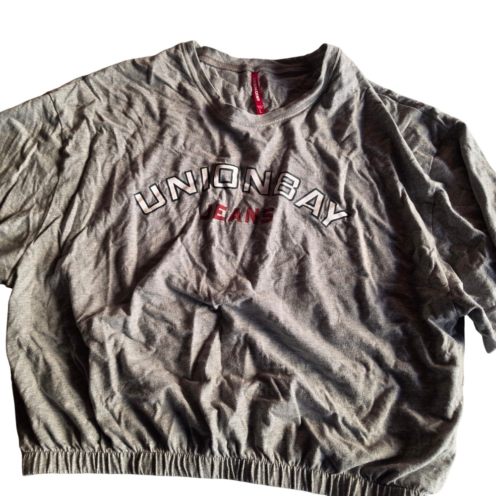 Unionbay Jeans Gray Graphic T-Shirt Short Sleeve Elastic Hem Logo Top L
